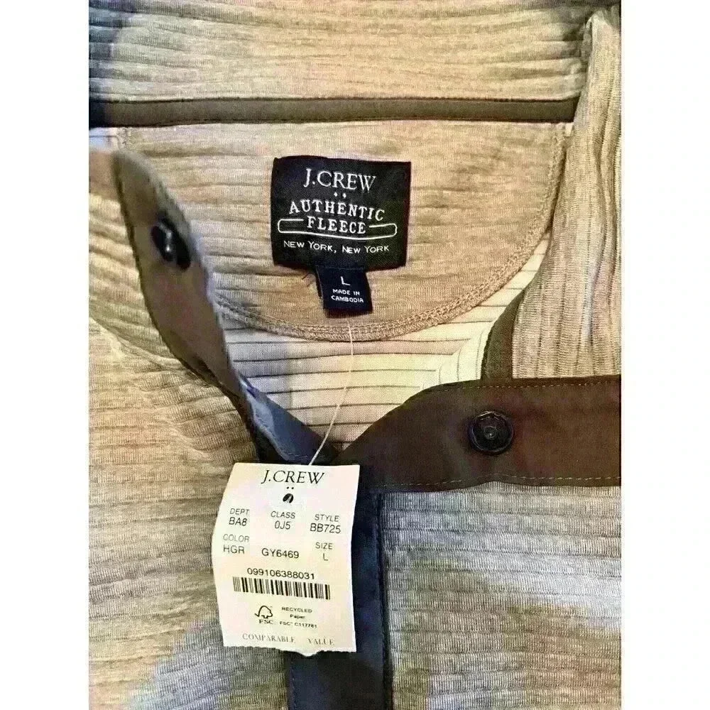 J.Crew Authentic Fleece‎ Size L 1/4 Button Grey Ribbed